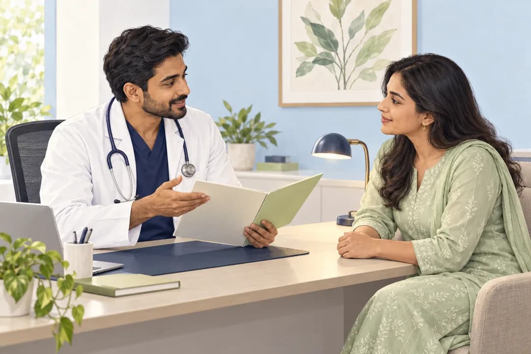 A doctor and patient discussing care together in a clinic