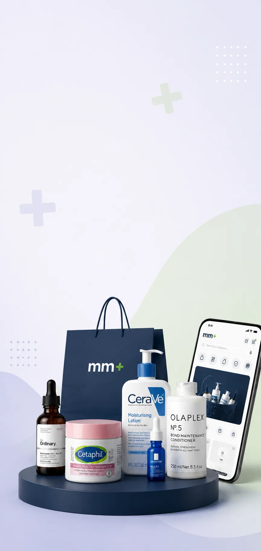 A couple choosing skincare and wellness products at home, with an MM+ delivery bag