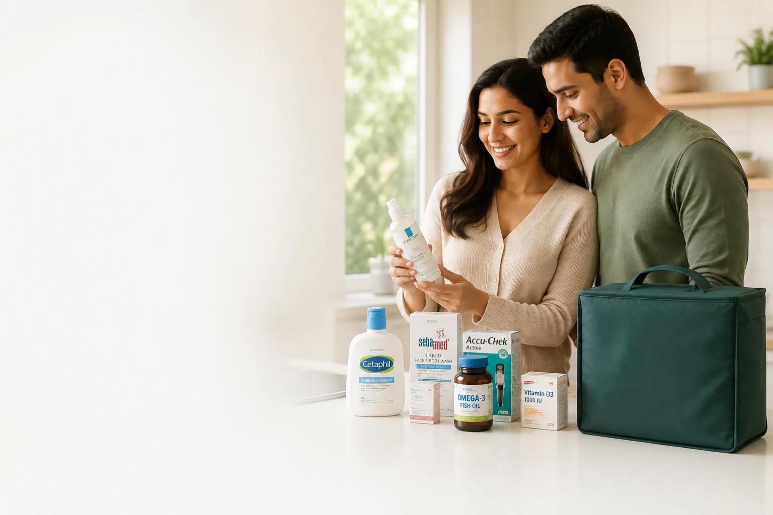 A couple choosing skincare and wellness products at home, with an MM+ delivery bag