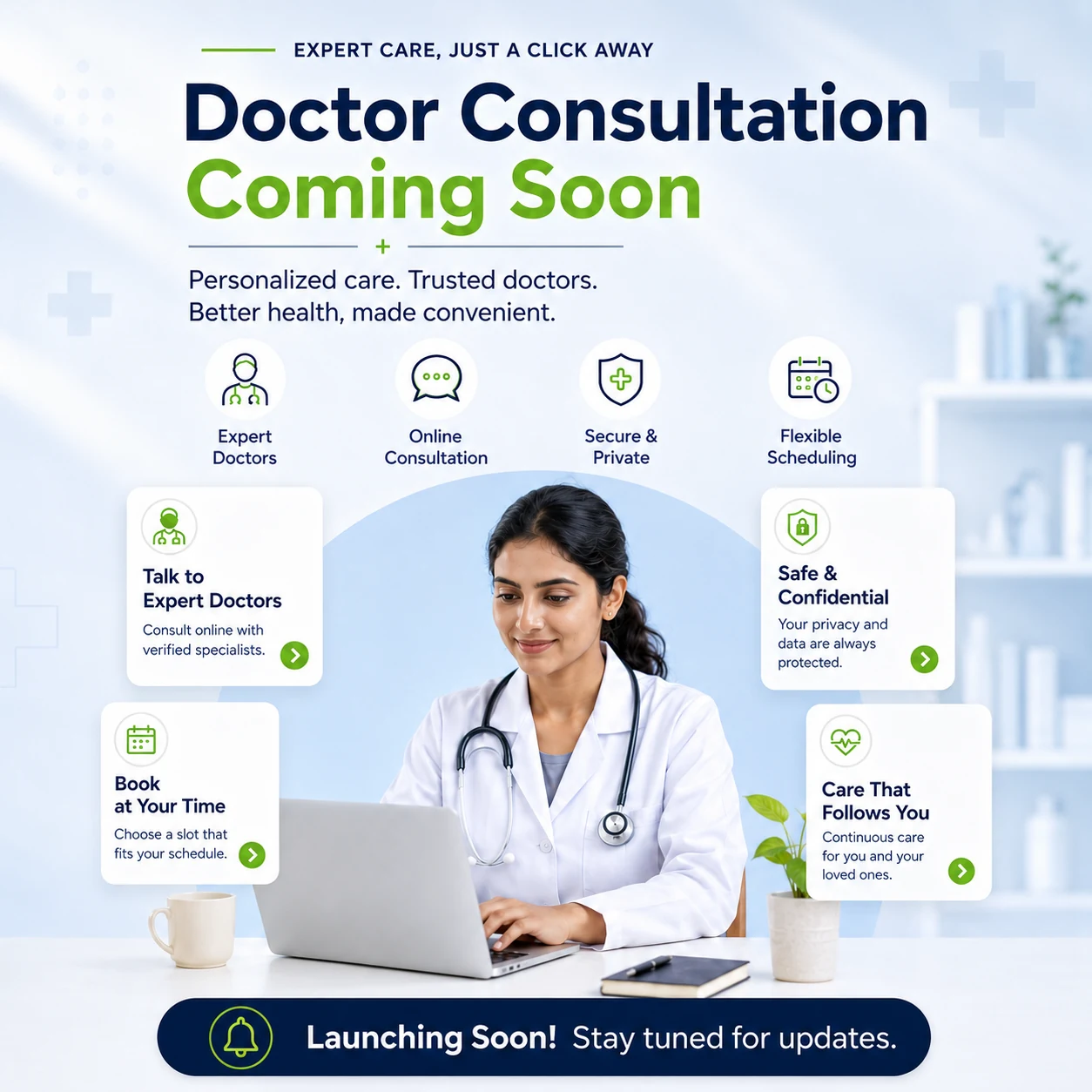 Doctor consultation coming soon on MM+: talk to expert doctors online, book at your time, safe and confidential, care that follows you.