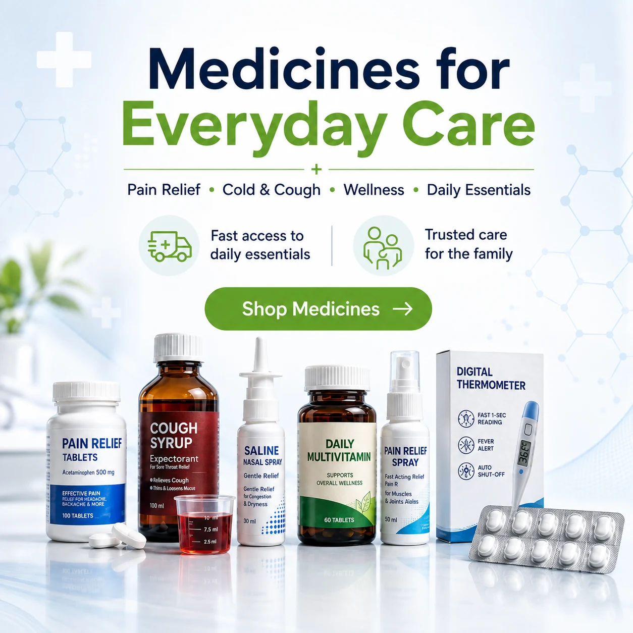 Medicines for everyday care from MM+: pain relief, cold and cough, wellness and daily essentials. Shop medicines.
